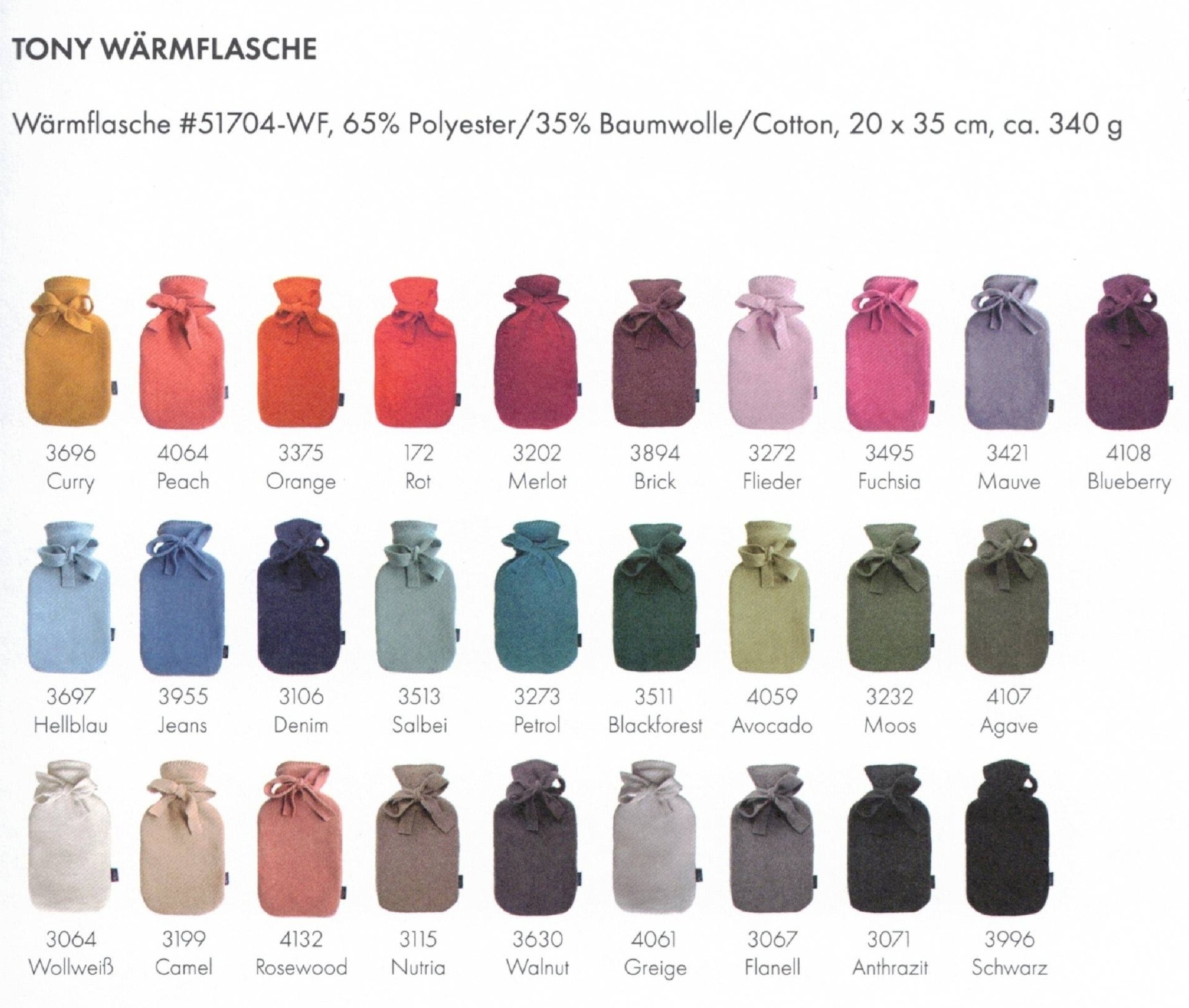 Eagle Produkts Wärmflasche TONY Bezug waschbar 65%Poly/35% Baumwolle 26 Farben