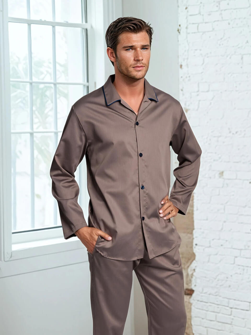 Novila  Novila Ben 9649 – Herren Satin Pyjama lang aus 100% Baumwolle - 4 Farben lieferbar