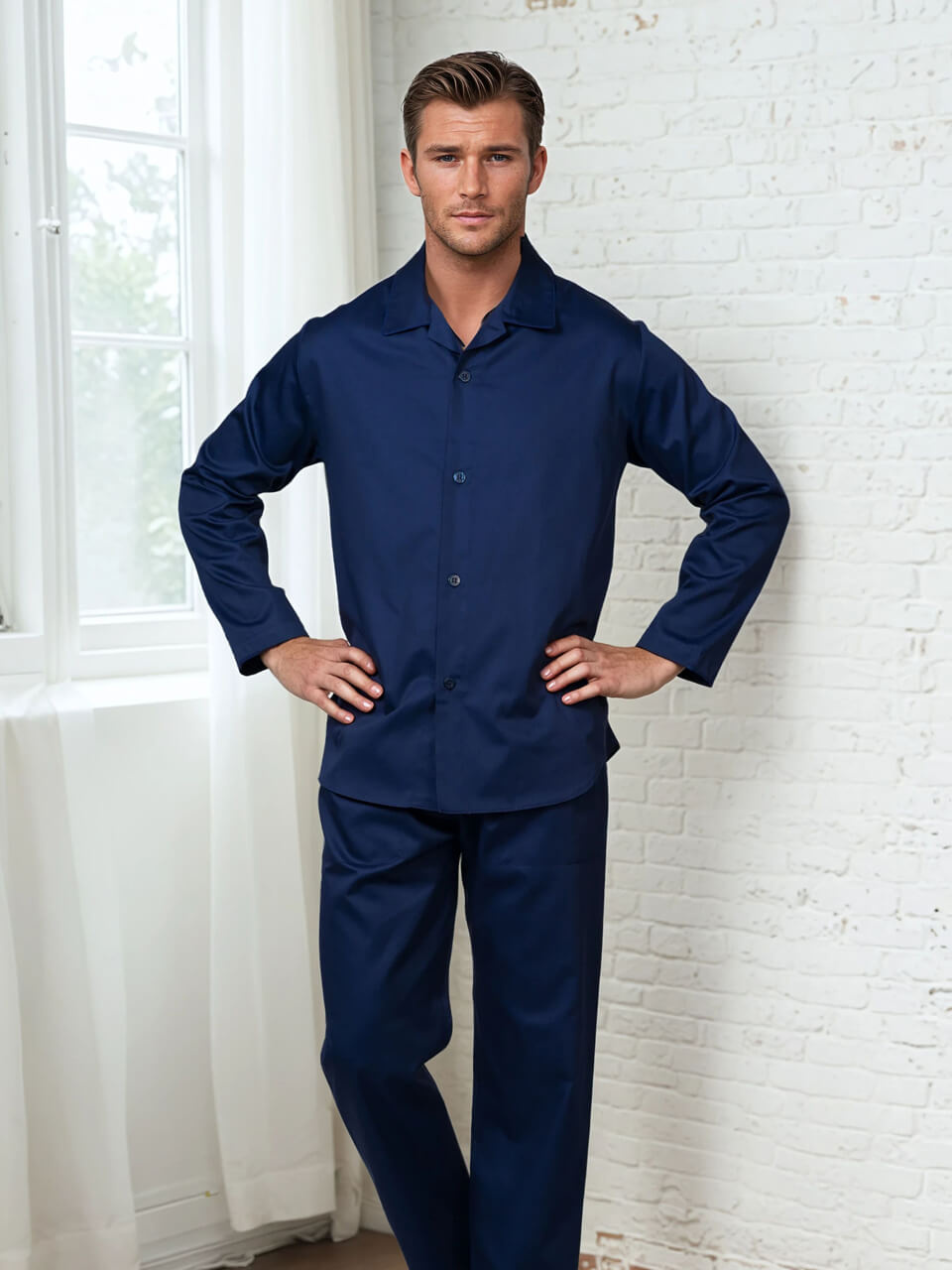 Novila  Novila Ben 9649 – Herren Satin Pyjama lang aus 100% Baumwolle - 4 Farben lieferbar