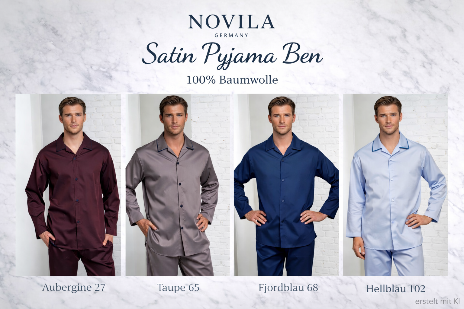 Novila  Novila Ben 9649 – Herren Satin Pyjama lang aus 100% Baumwolle - 4 Farben lieferbar