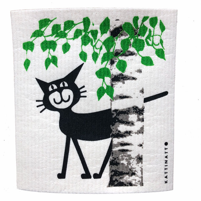 Dishcloth Cat behind Birch Tree