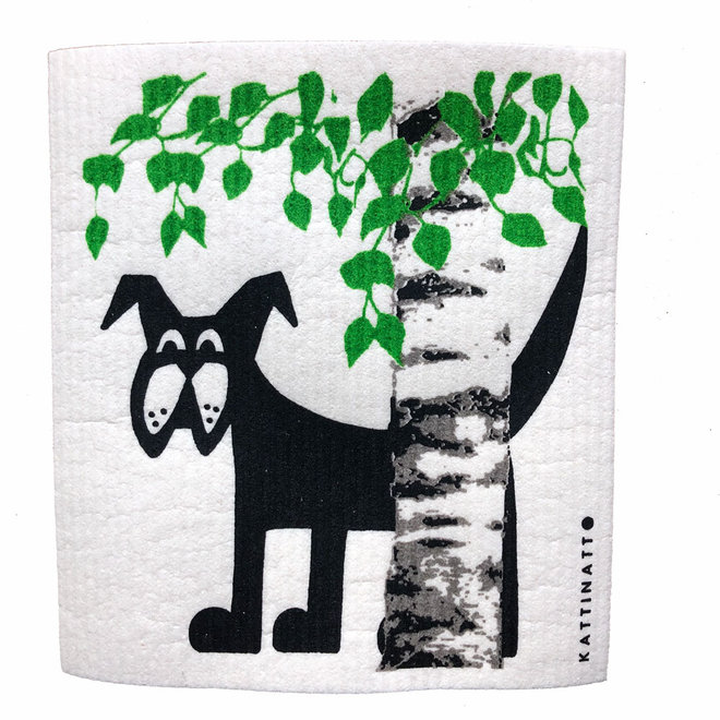 Dishcloth Dog behind Birch tree