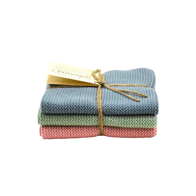 Set gebreide vaatdoeken Dusty Combi (blauw, groen en roze)