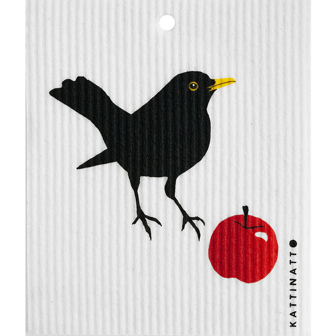 Vaatdoek Zwarte vogel met rode appel