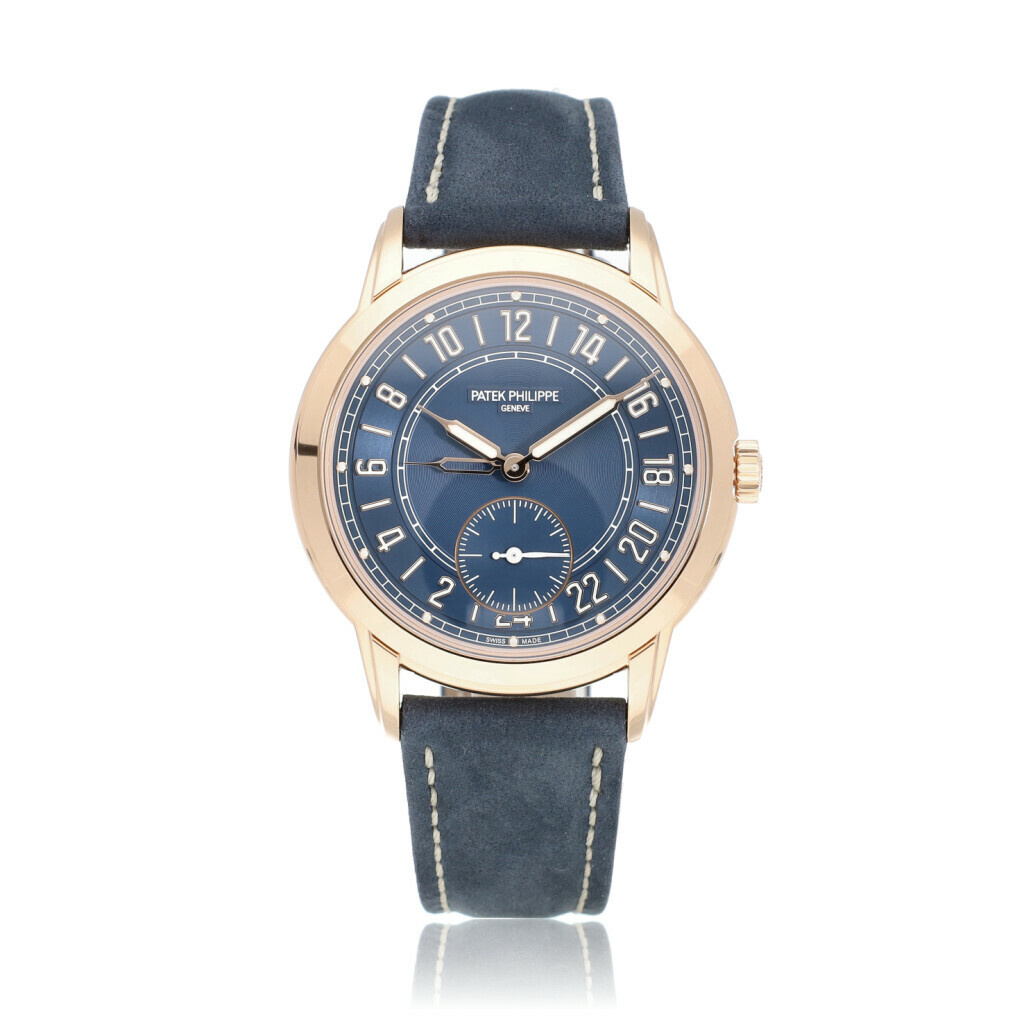 Tweedehands Calatrava Travel Time 42 rose gold blue UNWORN 2024 box papers