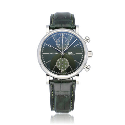 Portofino Chronograph 39 steel green leather strap 2025 box + papers