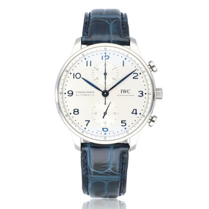 Portugieser Chronograph 41 steel alligator strap blue 2025 box + papers