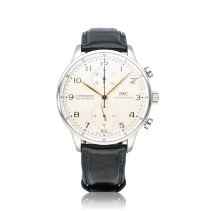 Portugieser Chronograph Automatic 41 steel silver 2013 box + papers | NEW IWC STRAP