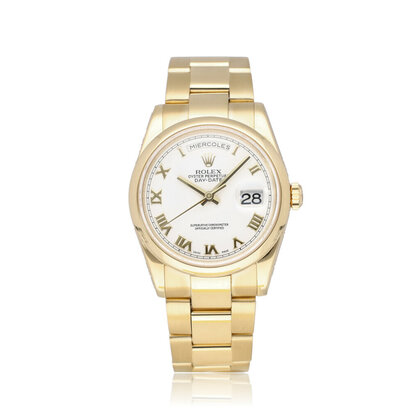 Day-Date 36 yellow gold white roman rehaut domed Oyster 2008 box + papers