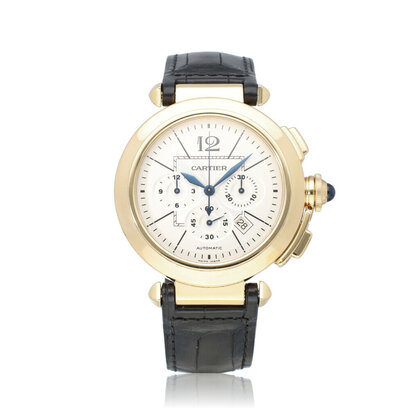 Pasha de Cartier Chronograph 42 yellow gold silver + box | NEW CARTIER STRAP