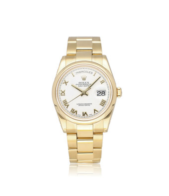 Rolex Day-Date 36 yellow gold white roman rehaut domed Oyster 2008 box + papers