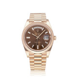 Rolex Day-Date 40 rose gold choco diamond / baguette President 2023 box + papers