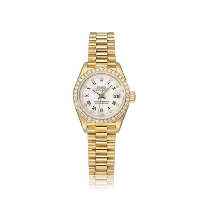 Lady-Datejust 26 gold President porcelain white factory dia dial + bezel 1989 | NEW ROLEX