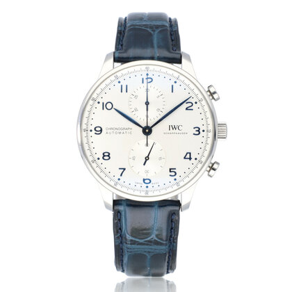 Portugieser Chronograph 41 steel alligator strap blue 2024 box + papers
