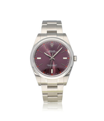 Rolex Oyster Perpetual 39 steel domed red grape Oyster 2016 box + papers