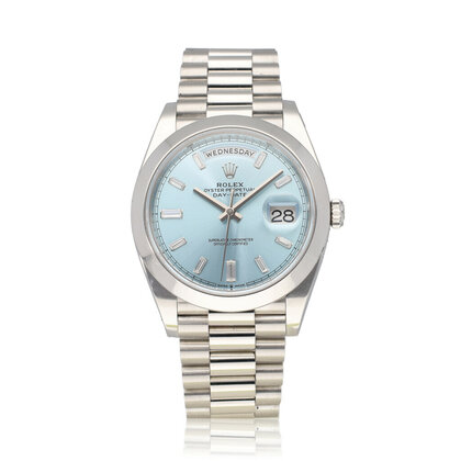 Day-Date 40 platina ice blue diamond / baguette 2019 B+P | NEW ROLEX SERVICE