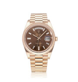 Rolex Day-Date 40 rose gold choco diamond / baguette President 2023 box + papers