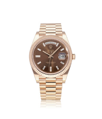 Rolex Day-Date 40 rose gold choco diamond / baguette President 2023 box + papers