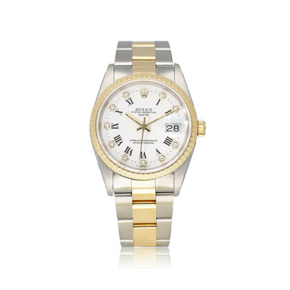 Date  34 steel - gold Oyster white roman diamond + papers | NEW ROLEX SERVICE