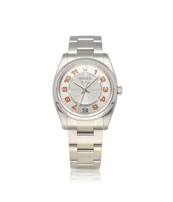 Rolex Oyster Perpetual 34 steel silver concentric orange 2009 box + papers