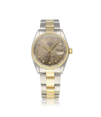 Rolex Date  34 steel / gold grey BLOCK / TRIANGLE Oyster 1972 + box | NEW ROLEX SERVICE