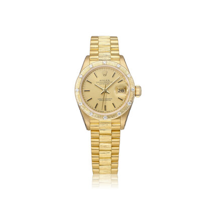 Lady-Datejust 26 - 1988 box + papers | gold bark factory diamond President