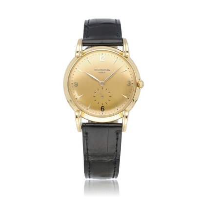 Calatrava  35 NEW PP STRAP | 1947 + PP extract | yellow gold champagne - crab / claw lugs