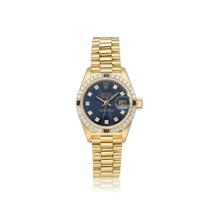 Lady-Datejust 26 - NEW ROLEX SERVICE 1987 B+P | gold President diamond sapphire blue