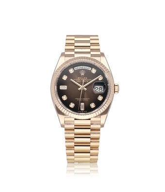 Rolex Day-Date 36 2021 box + papers | rose gold brown Ombre baguette President