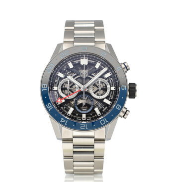 TAG Heuer Carrera Calibre Heuer 02 Chronograph GMT 45 steel skeleton black/blue bezel 2026 B+P