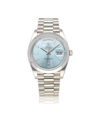 Rolex Day-Date 40 platina ice blue diamond / baguette 2019 B+P | NEW ROLEX SERVICE