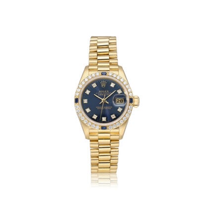 Lady-Datejust 26 - NEW ROLEX SERVICE 1987 B+P | gold President diamond sapphire blue