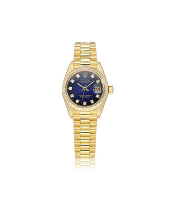 Rolex Lady-Datejust 26 1978 + box | yellow gold blue vignette diamond tight President