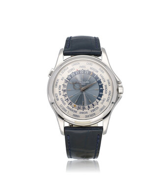 Patek Philippe Complications World Time 40 - 2010 box + papers | platinum silver - blue alligator leather