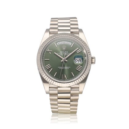 Day-Date 40 NEW ROLEX SERVICE - 2018 + papers | white gold President green / olive / money