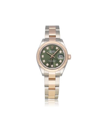 Rolex Lady-Datejust 28 NEW ROLEX SERVICE - 2018 B+P | steel - rose gold olive green diamond Oyst
