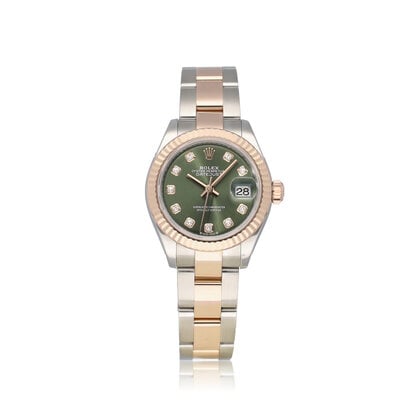 Lady-Datejust 28 NEW ROLEX SERVICE - 2018 B+P | steel - rose gold olive green diamond Oyst
