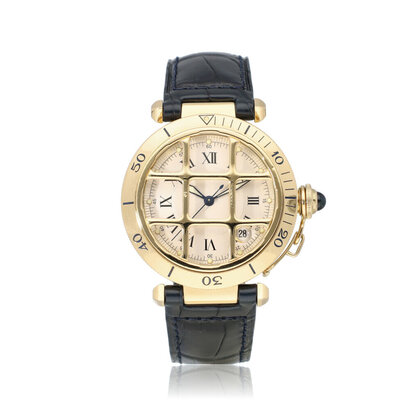 Pasha de Cartier  42 yellow gold - grill | ref. 1021 | 1997 B+P | NEW CARTIER STRAP
