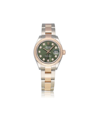 Rolex Lady-Datejust 28 NEW ROLEX SERVICE - 2018 B+P | steel - rose gold olive green diamond Oyst