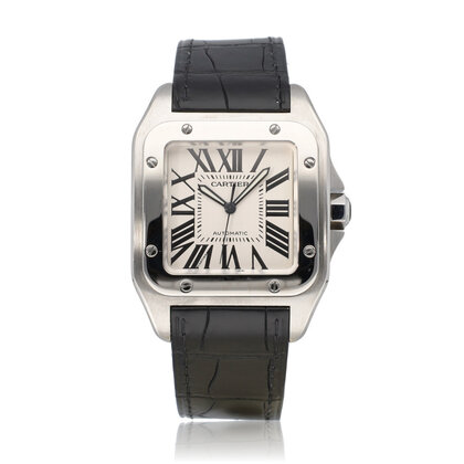 Santos  38 NEW CARTIER STRAP | steel silver alligator leather + box