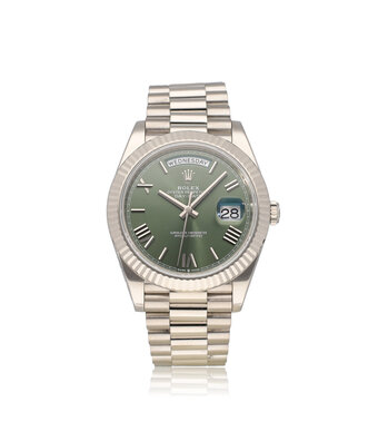 Rolex Day-Date 40 NEW ROLEX SERVICE - 2018 B+P | white gold President green / olive / money