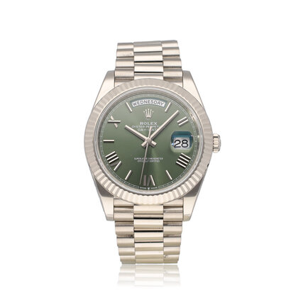 Day-Date 40 NEW ROLEX SERVICE - 2018 B+P | white gold President green / olive / money