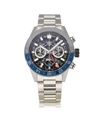 TAG Heuer Carrera Calibre Heuer 02 Chronograph GMT 45 steel skeleton black/blue bezel 2026 B+P