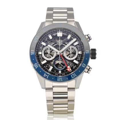Carrera Calibre Heuer 02 Chronograph GMT 45 steel skeleton black/blue bezel 2026 B+P