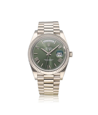 Rolex Day-Date 40 NEW ROLEX SERVICE - 2018 + papers | white gold President green / olive / money