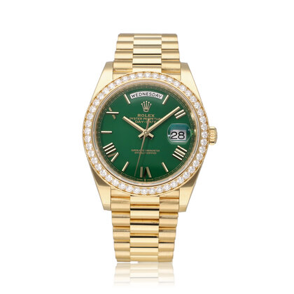 Day-Date 40 NEW ROLEX SERVICE - 2023 B+P | gold flat green - money - roman dial diamond Pr