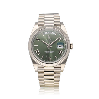 Day-Date 40 NEW ROLEX SERVICE - 2018 + papers | white gold President green / olive / money