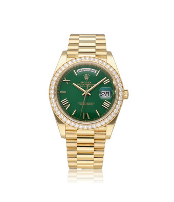Rolex Day-Date 40 NEW ROLEX SERVICE - 2023 B+P | Gold | Money-green | Roman diamond | President