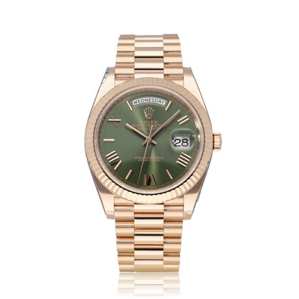 Day-Date 40 NEW ROLEX SERVICE - 2016 box + papers | rose gold olive / money green Presiden