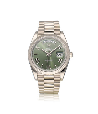 Rolex Day-Date 40 - 2023 box + papers | white gold President green / olive / money